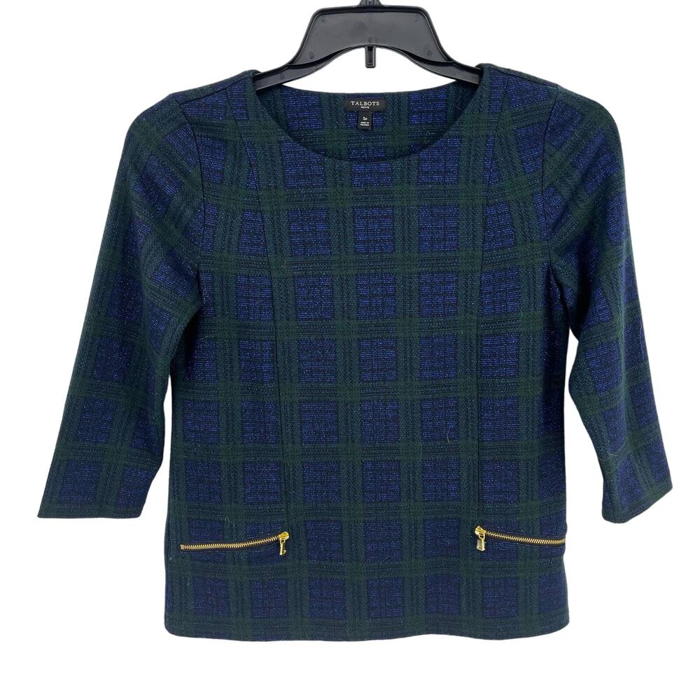 Talbots Blue Green Plaid Metallic Shirt Zip Pockets Size Small Petite SP - Picture 1 of 5